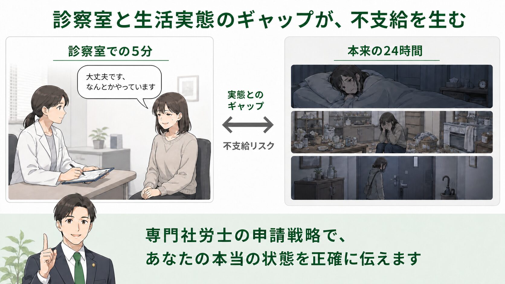 診察と生活実態のギャップ図解(身体・内部障害)