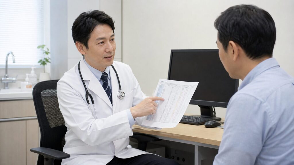 血液検査の結果をもとに医師がHIV感染症の症状を説明している様子